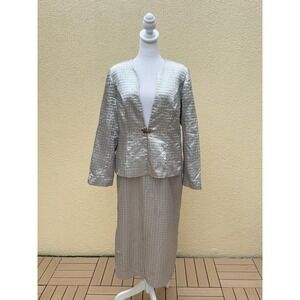 Moshita Couture Silver Metallic micropleated  blazer Jacket & Skirt Set